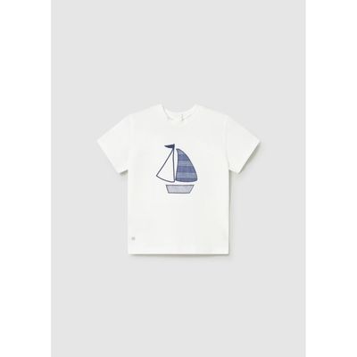 WHITE TSHIRT NAVY SAILBOAT APPLIQUE SHORT SLEEVE / 1002-076