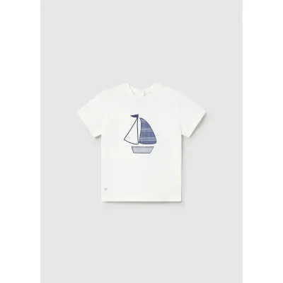 WHITE TSHIRT NAVY SAILBOAT APPLIQUE SHORT SLEEVE / 1002-076