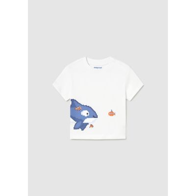 WHITE TSHIRT BLUE SHARK PRINT SHORT SLEEVE / 1013-019