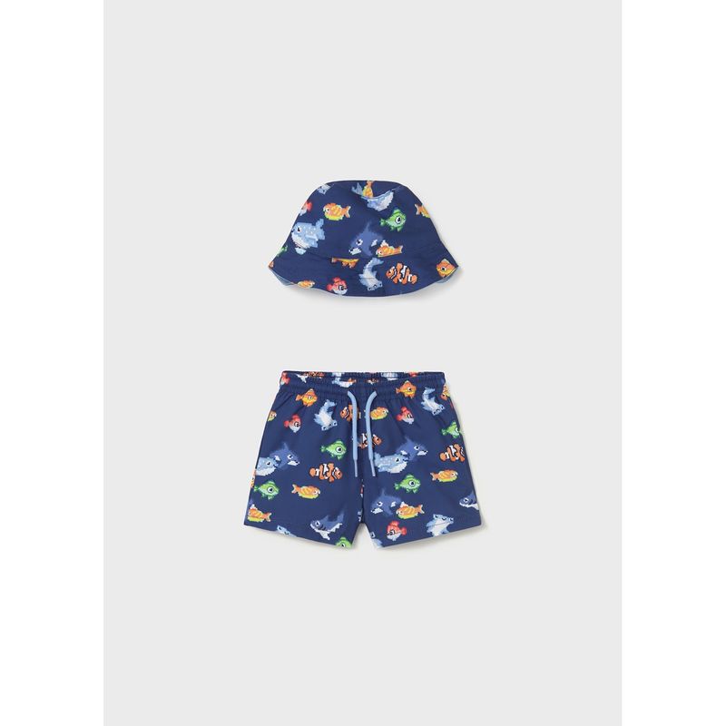 NAVY 2PC SWIMSHORT & BUCKET HAT MCL FISH PRINT / 1660-072