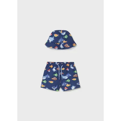 NAVY 2PC SWIMSHORT & BUCKET HAT MCL FISH PRINT / 1660-072