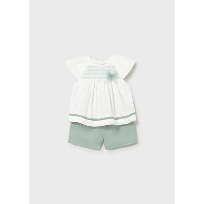WHITE & GREEN SHORT SET SMOCKING & CUTOUT TRIM LINEN / 1212-073