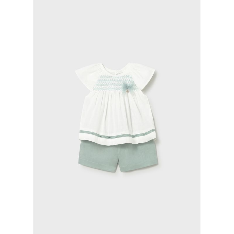 WHITE & GREEN SHORT SET SMOCKING & CUTOUT TRIM LINEN / 1212-073
