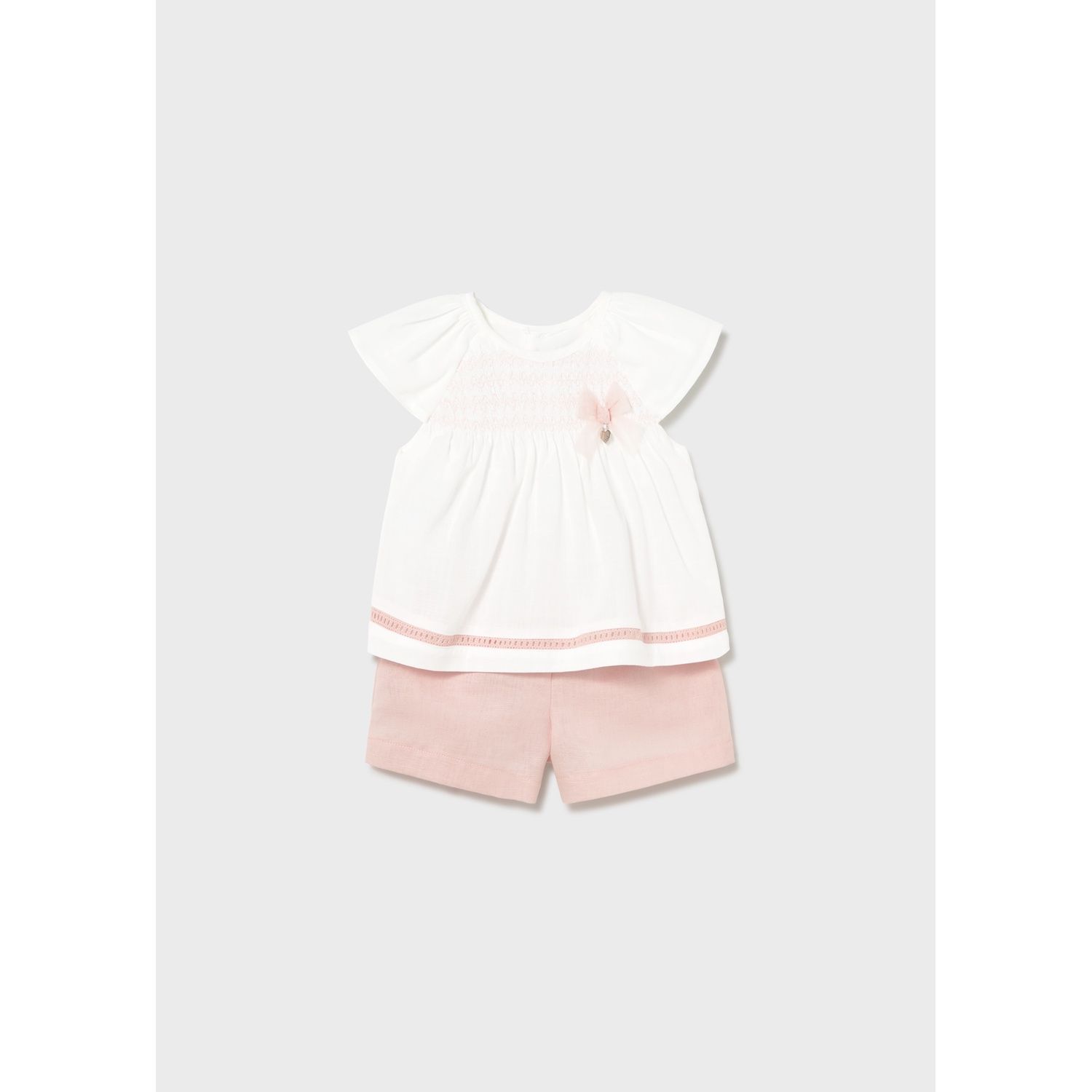 2PC WHITE & ROSE SHORT SET SMOCKING & CUTOUT TRIM LINEN / 1212-074