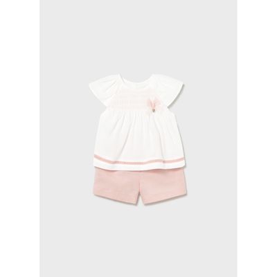 2PC WHITE & ROSE SHORT SET SMOCKING & CUTOUT TRIM LINEN / 1212-074