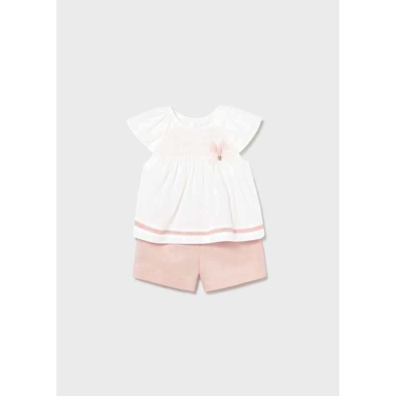 2PC WHITE & ROSE SHORT SET SMOCKING & CUTOUT TRIM LINEN / 1212-074