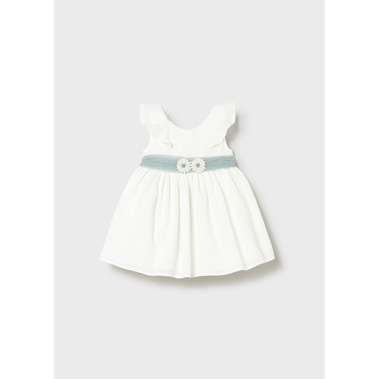 OFF WHITE DRESS GRN BELT FLOWER APPLIQUE / 1903-042