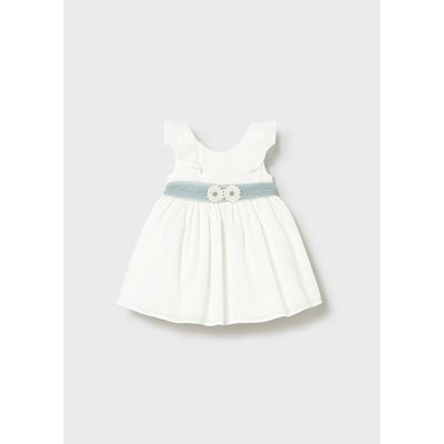 OFF WHITE DRESS GRN BELT FLOWER APPLIQUE / 1903-042