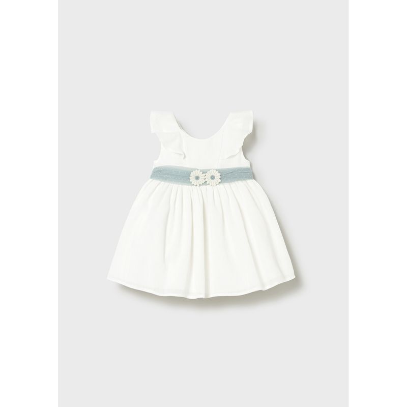 OFF WHITE DRESS GRN BELT FLOWER APPLIQUE / 1903-042