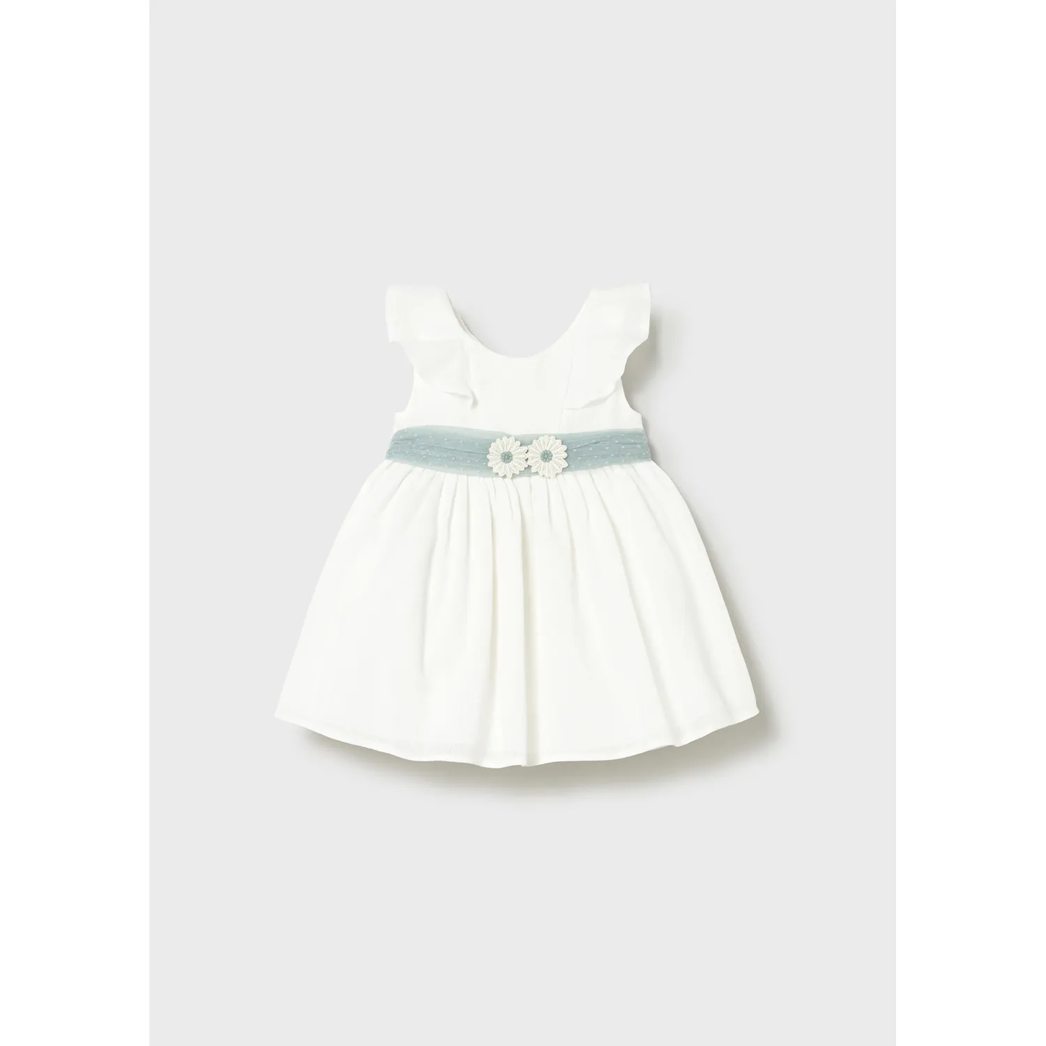 OFF WHITE DRESS GRN BELT FLOWER APPLIQUE / 1903-042