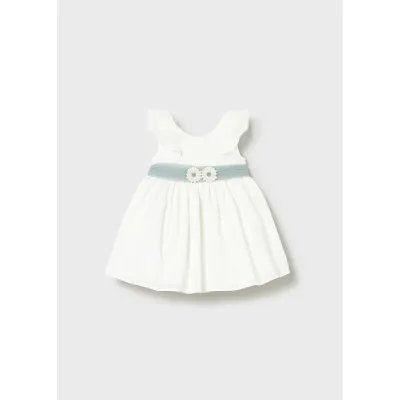 OFF WHITE DRESS GRN BELT FLOWER APPLIQUE / 1903-042