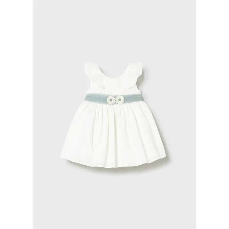 OFF WHITE DRESS GRN BELT FLOWER APPLIQUE / 1903-042