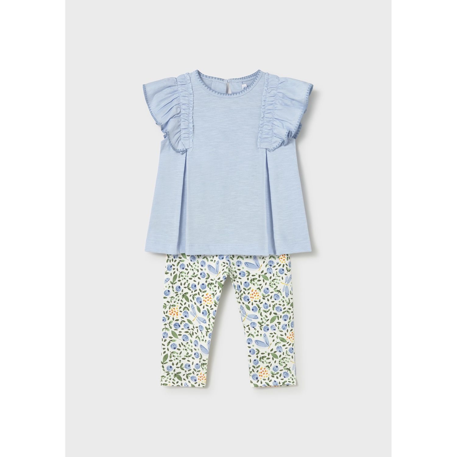 SKY BLUE TOP & FLORAL LEGGING SET RUFFLE TRIM / 1748-033