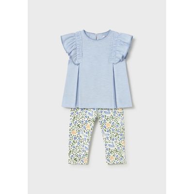 SKY BLUE TOP & FLORAL LEGGING SET RUFFLE TRIM / 1748-033