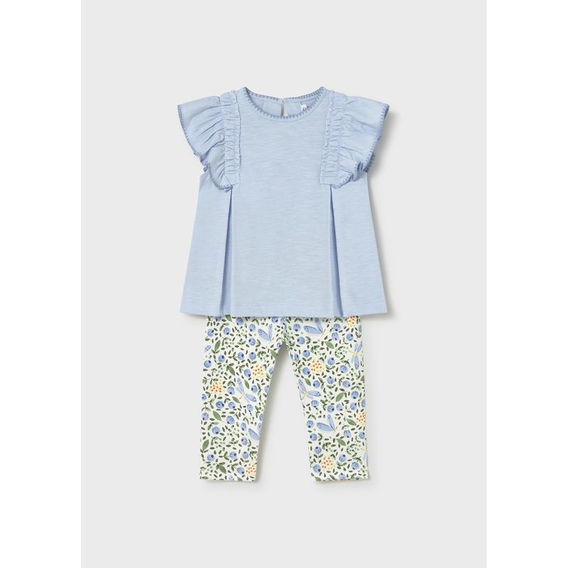 SKY BLUE TOP & FLORAL LEGGING SET RUFFLE TRIM / 1748-033