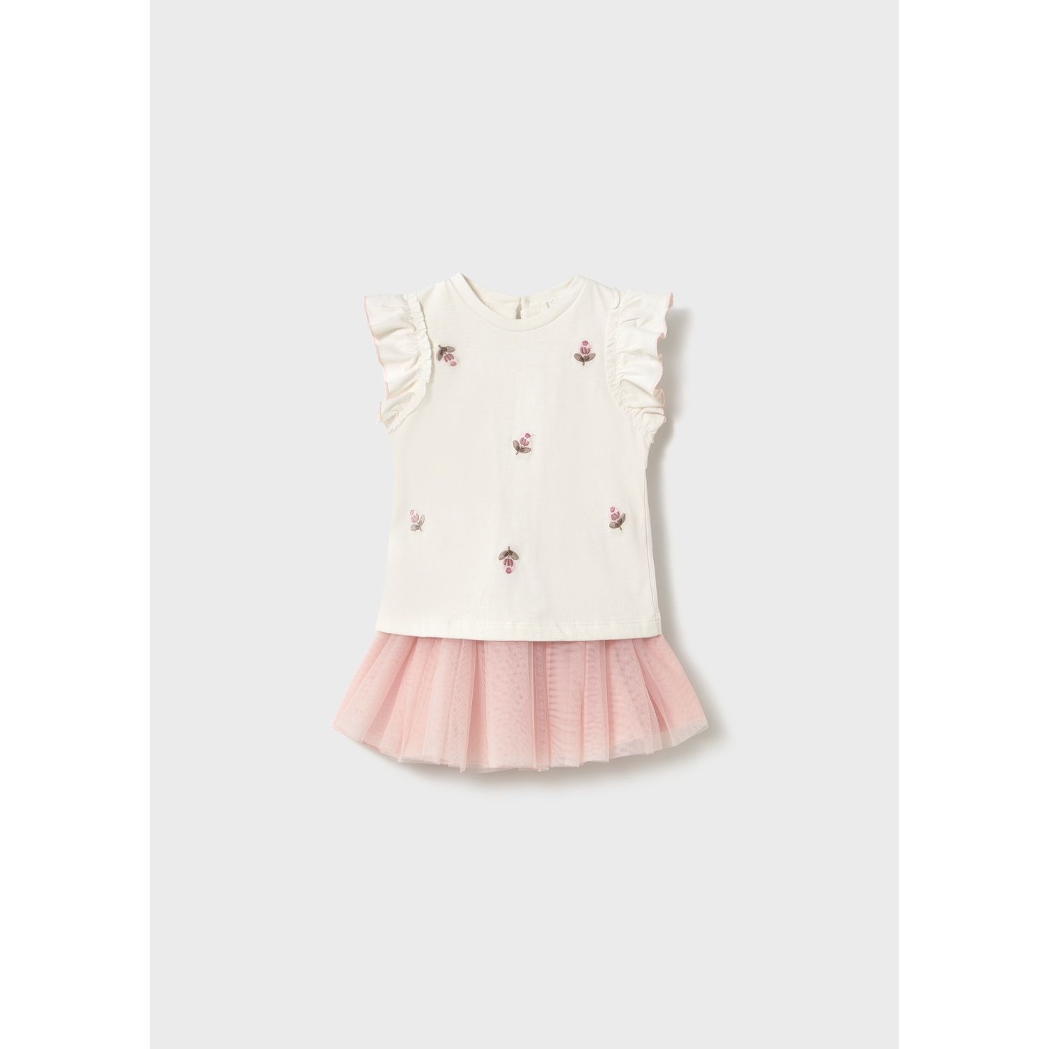 2PC CREAM TOP PINK TULLE SKIRT FLOWER APPLIQUE / 1933-046