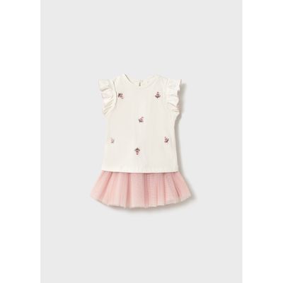2PC CREAM TOP PINK TULLE SKIRT FLOWER APPLIQUE / 1933-046