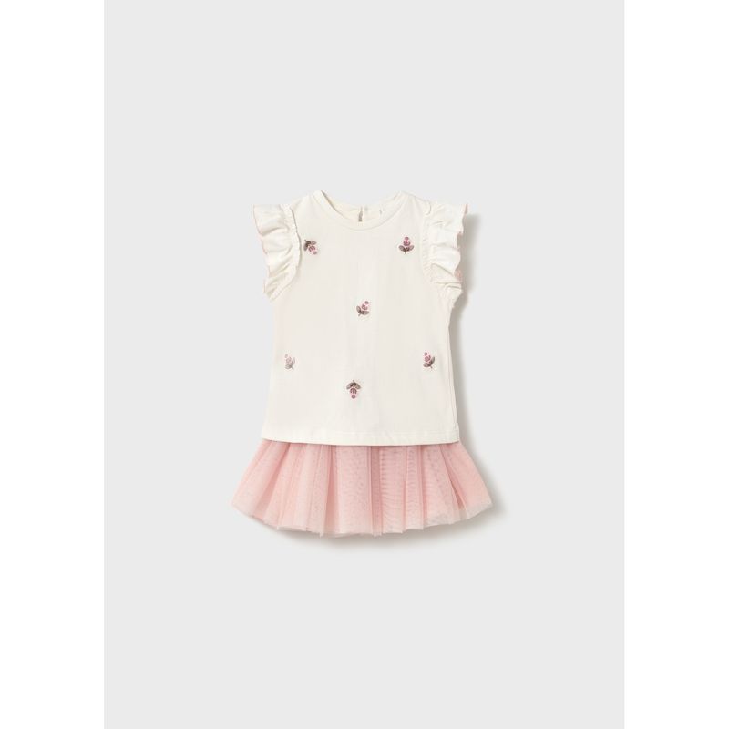 2PC CREAM TOP PINK TULLE SKIRT FLOWER APPLIQUE / 1933-046