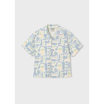 CREAM BLUE PRINTED KNIT SHIRT SHORT SLEEVE / 6178-405
