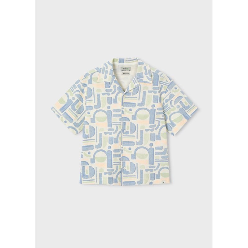 CREAM BLUE PRINTED KNIT SHIRT SHORT SLEEVE / 6178-405
