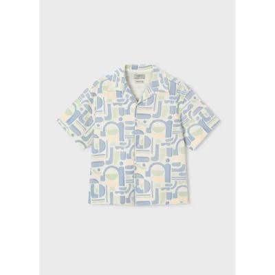 CREAM BLUE PRINTED KNIT SHIRT SHORT SLEEVE / 6178-405