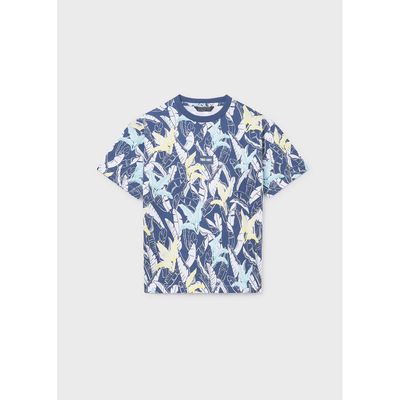 OCEAN BLUE TSHIRT LEAVES PRINT SHORT SLEEVES / 6039-042