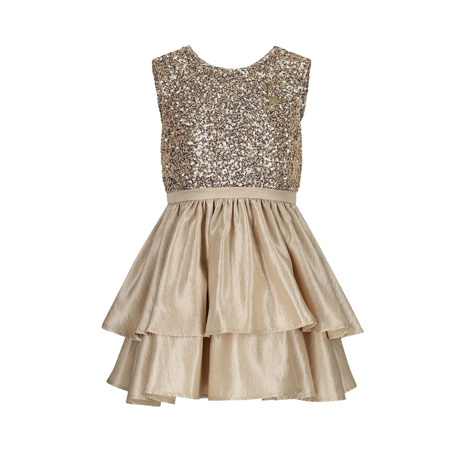 BEIGE GOLDEN GLOW DRESS SEQUIN TOP LAYERED SKIRT / C511-5840