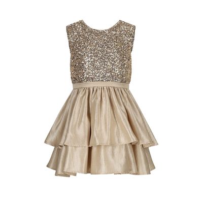 BEIGE GOLDEN GLOW DRESS SEQUIN TOP LAYERED SKIRT / C511-5840