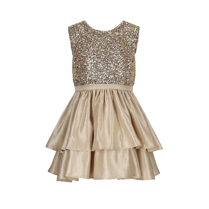 BEIGE GOLDEN GLOW DRESS SEQUIN TOP LAYERED SKIRT / C511-5840