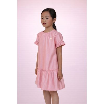ROSE PINK DRESS RUFFLE SLEEVE TRIM BUBBLE HEM / C601-5850-231