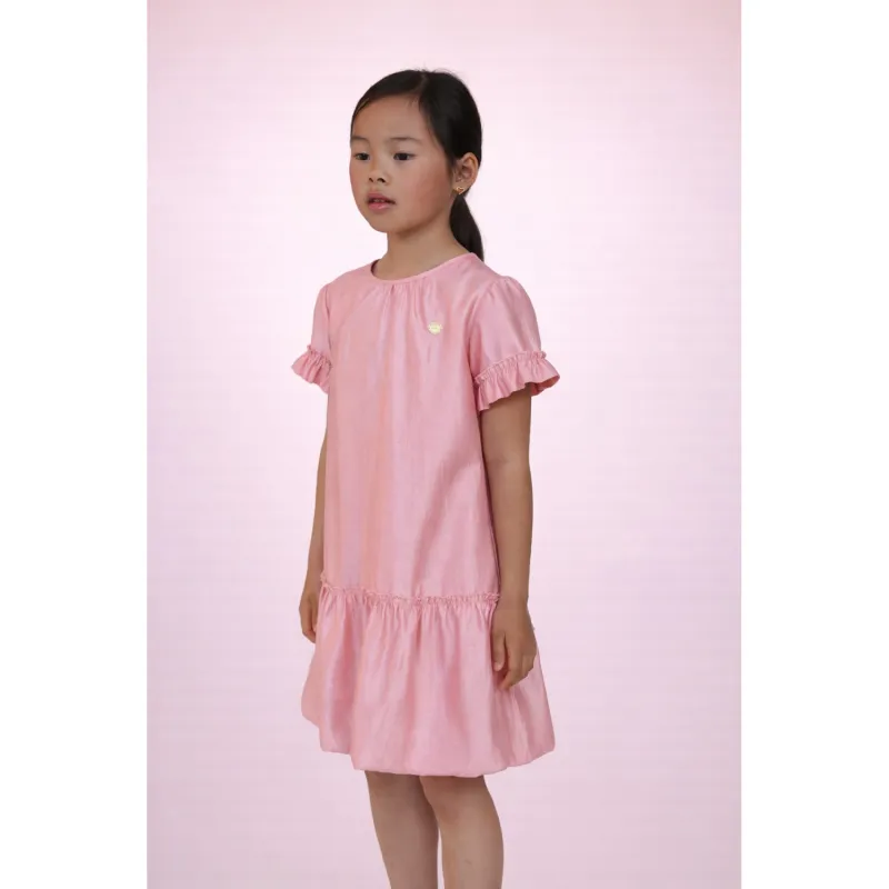 ROSE PINK DRESS RUFFLE SLEEVE TRIM BUBBLE HEM / C601-5850-231