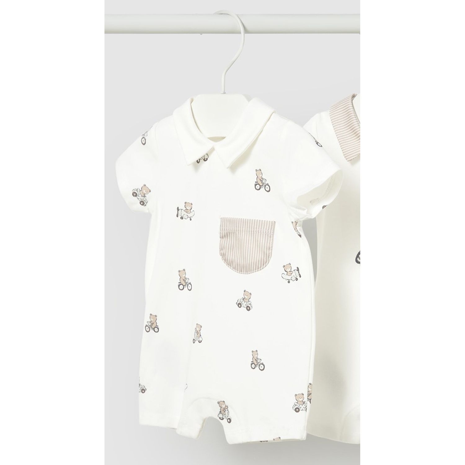 CREAM SHORT ROMPER BEAR PRINT STRIPED POCKET / 1715-092A