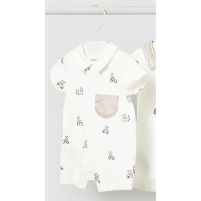 CREAM SHORT ROMPER BEAR PRINT STRIPED POCKET / 1715-092A