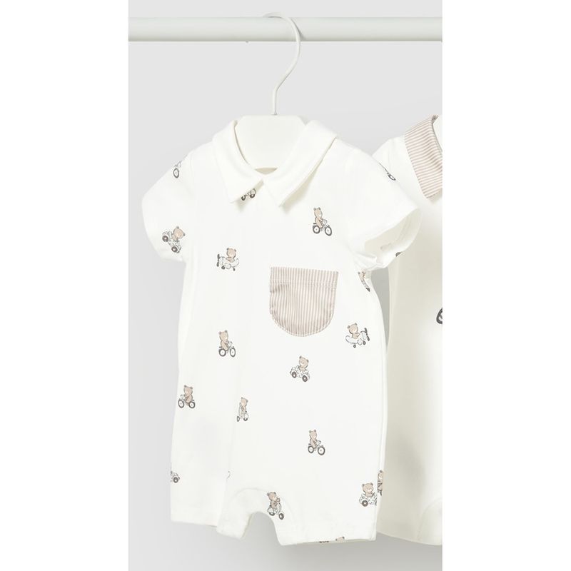 CREAM SHORT ROMPER BEAR PRINT STRIPED POCKET / 1715-092A