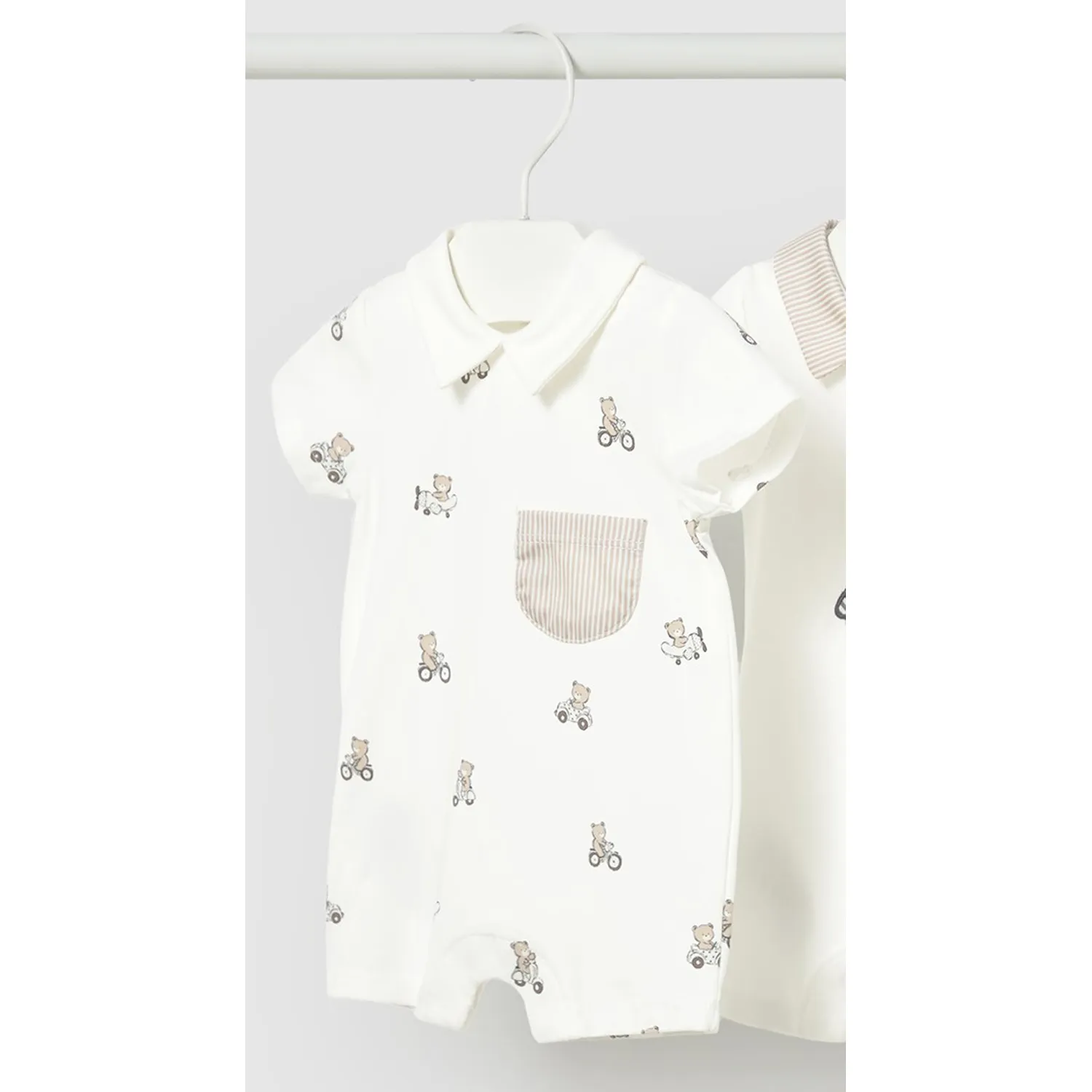 CREAM SHORT ROMPER BEAR PRINT STRIPED POCKET / 1715-092A