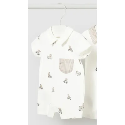 CREAM SHORT ROMPER BEAR PRINT STRIPED POCKET / 1715-092A