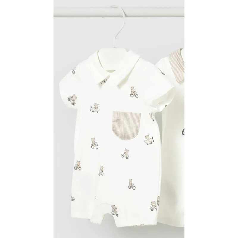 CREAM SHORT ROMPER BEAR PRINT STRIPED POCKET / 1715-092A