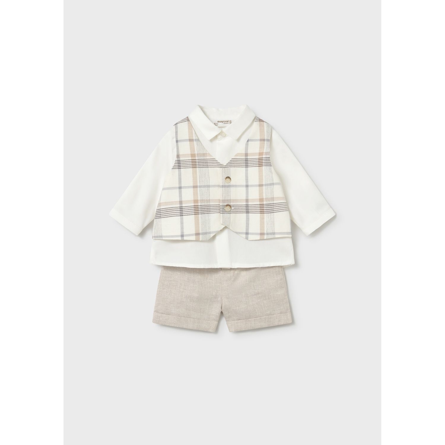 2PC BEIGE & CREAM SHORT SET IMITATION PLAID VEST / 1269-023