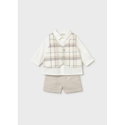 2PC BEIGE & CREAM SHORT SET IMITATION PLAID VEST / 1269-023