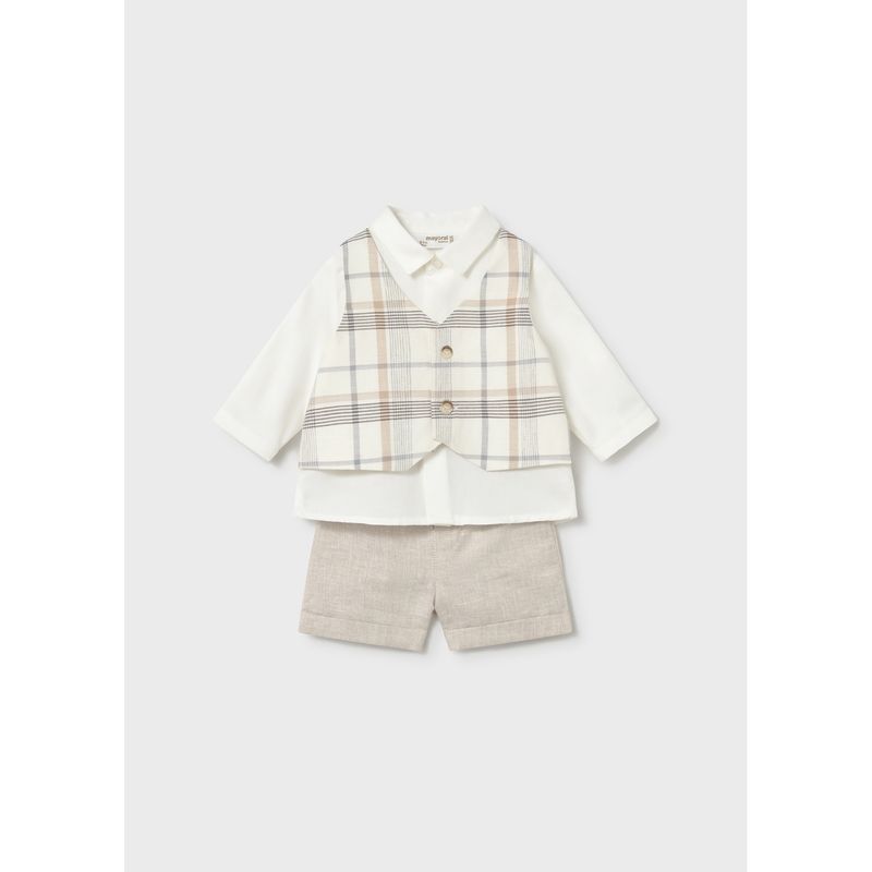 2PC BEIGE & CREAM SHORT SET IMITATION PLAID VEST / 1269-023