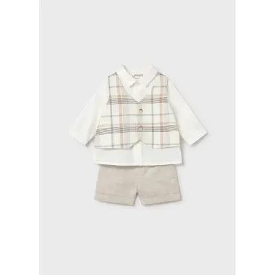 2PC BEIGE & CREAM SHORT SET IMITATION PLAID VEST / 1269-023