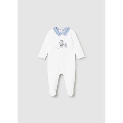 WHITE SLEEPER BLUE STRIPE COLLAR BALLOON EMBROIDRY / 1742-077