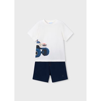 2PC CREAM & NAVY SHORT SET TRUCK PRINT / 3605-042
