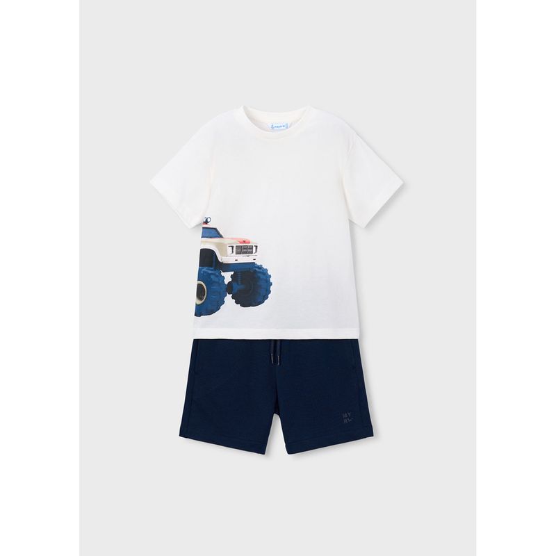 2PC CREAM & NAVY SHORT SET TRUCK PRINT / 3605-042