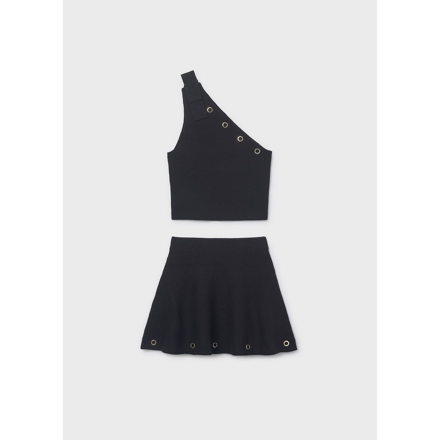 2PC BLACK KNIT SKIRT SET GOLD CROMMETS TRIM / 6918-015