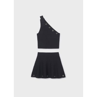 2PC BLACK KNIT SKIRT SET GOLD CROMMETS TRIM / 6918-015