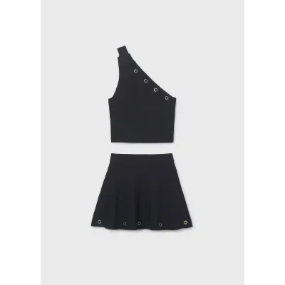 2PC BLACK KNIT SKIRT SET GOLD CROMMETS TRIM / 6918-015