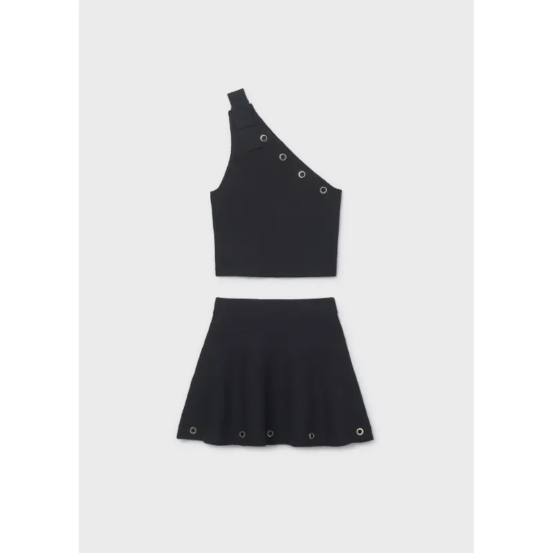 2PC BLACK KNIT SKIRT SET GOLD CROMMETS TRIM / 6918-015
