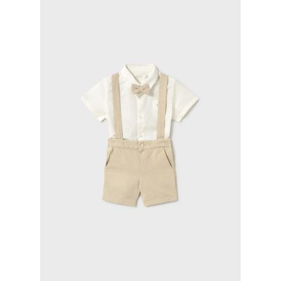3PC CREAM & BEIGE LINEN SHORT SET BOW TIE & SUSPENDERS / 1226-063