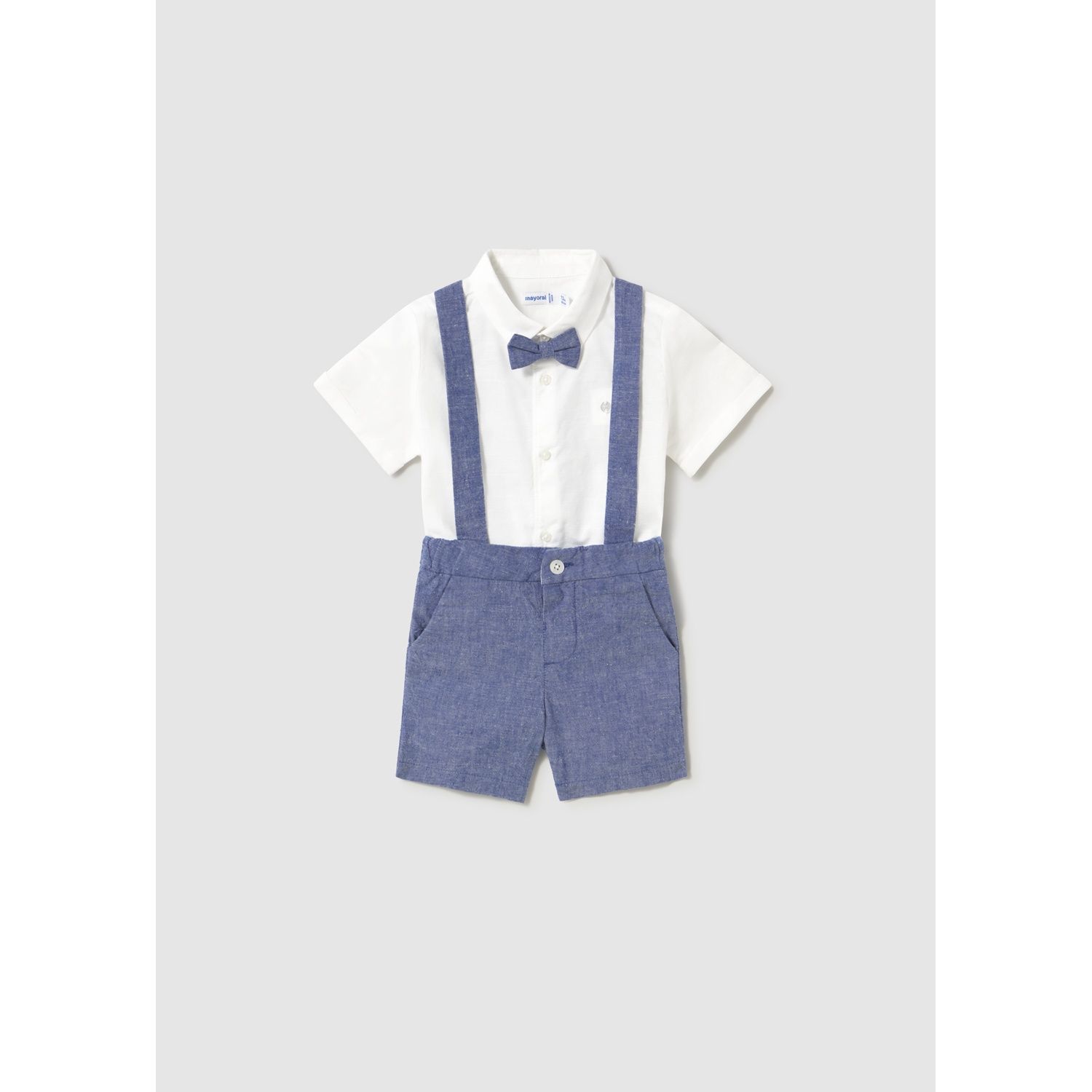 3PC WHITE & BLUE LINEN SHORT SET WITH SUSPENDERS & BOWTIE / 1226-064